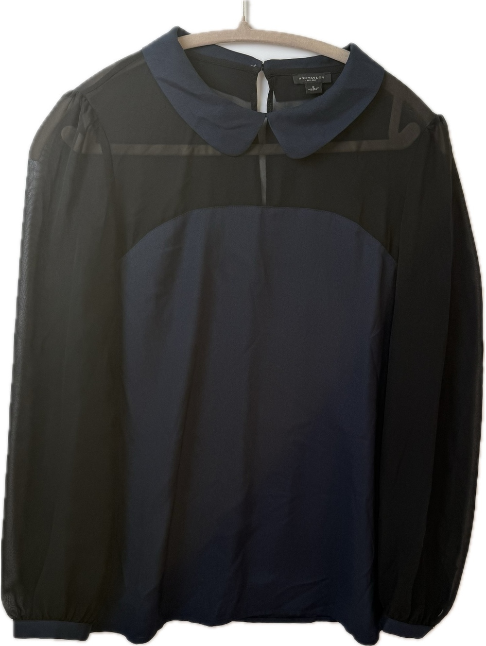 Ann Taylor Colorblock Sheer Sleeve Peter Pan Collar Blouse Navy Black Small